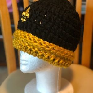 Crocheted beanies black with gold trim